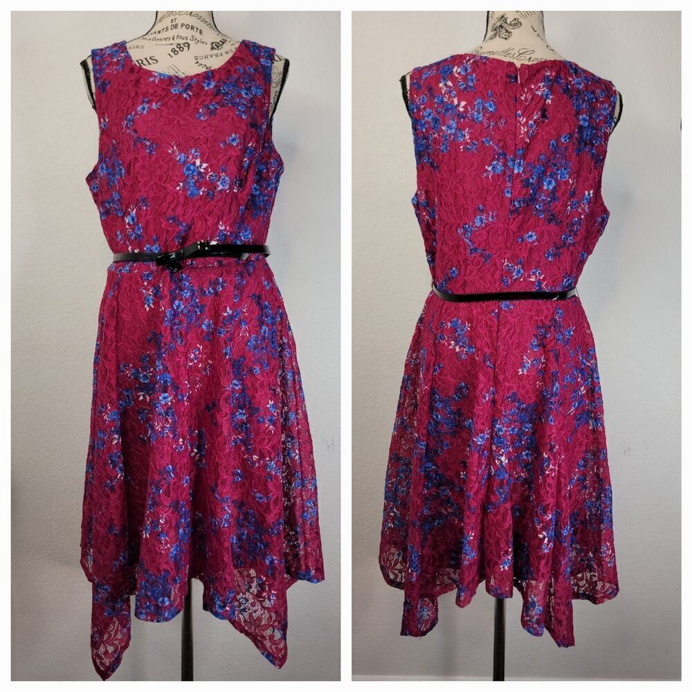 Elle Dress M Lace Overlaid Belted Fit And Flare Whimsycal Coquette Femenine